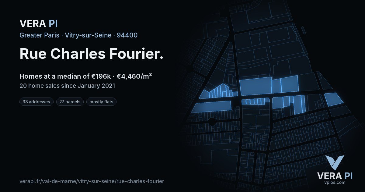 Rue Charles Fourier, Vitry-sur-Seine at night – every parcel coloured by the prices around it, the street's own parcels lit