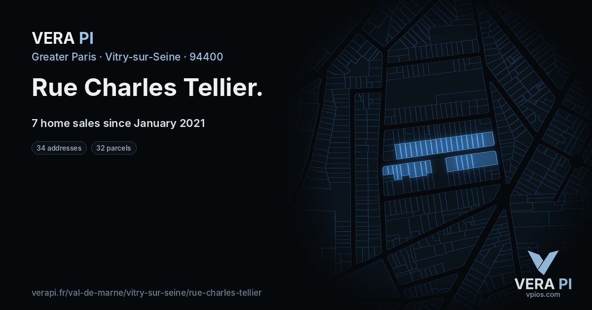 Rue Charles Tellier, Vitry-sur-Seine at night – every parcel coloured by the prices around it, the street's own parcels lit