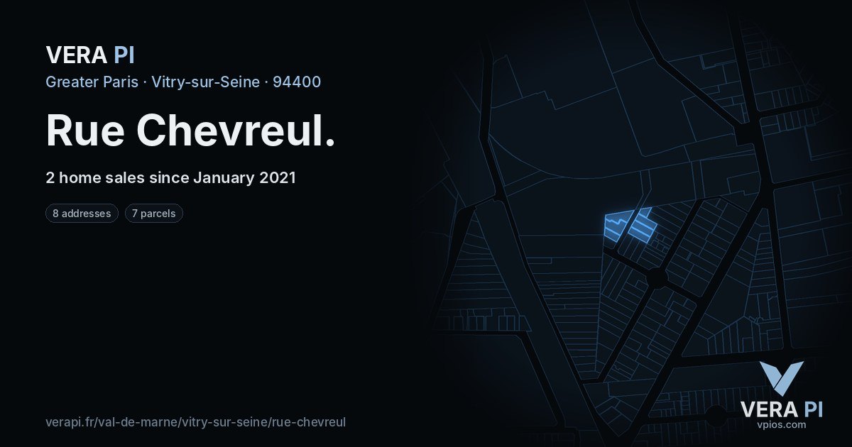 Rue Chevreul, Vitry-sur-Seine at night – every parcel coloured by the prices around it, the street's own parcels lit
