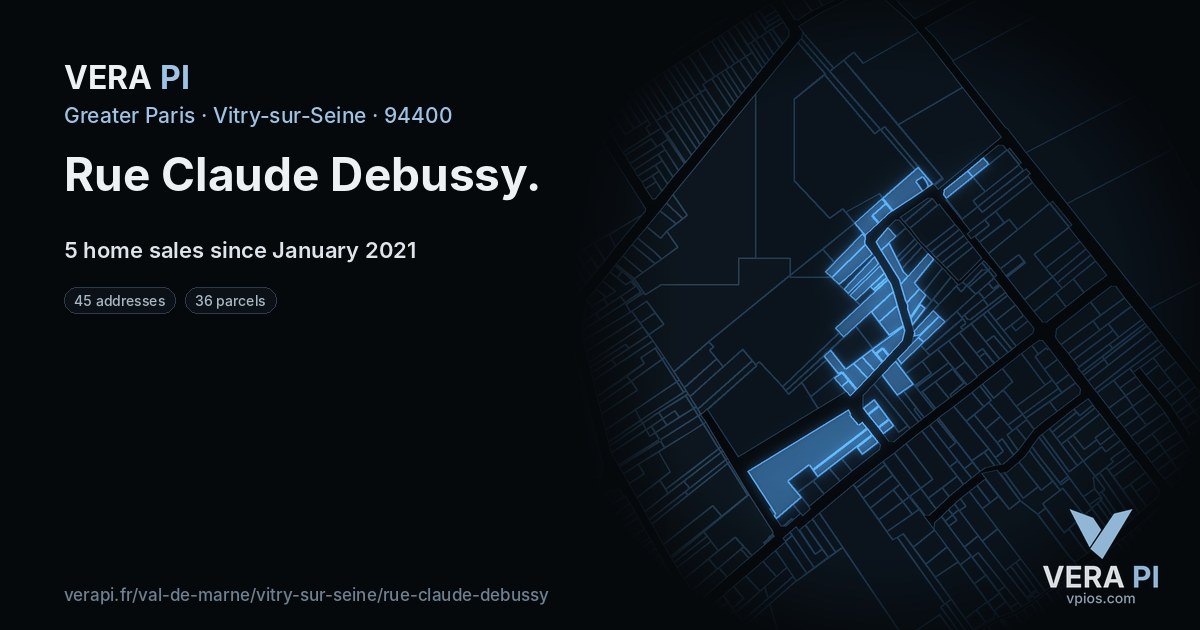 Rue Claude Debussy, Vitry-sur-Seine at night – every parcel coloured by the prices around it, the street's own parcels lit