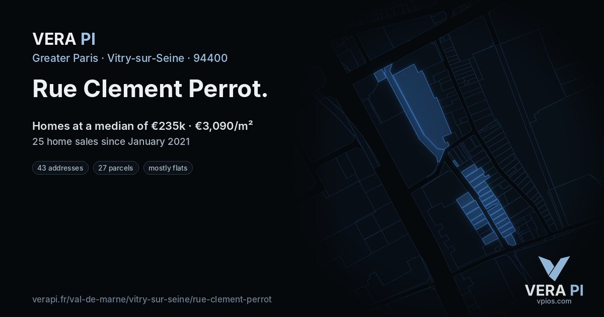 Rue Clement Perrot, Vitry-sur-Seine at night – every parcel coloured by the prices around it, the street's own parcels lit