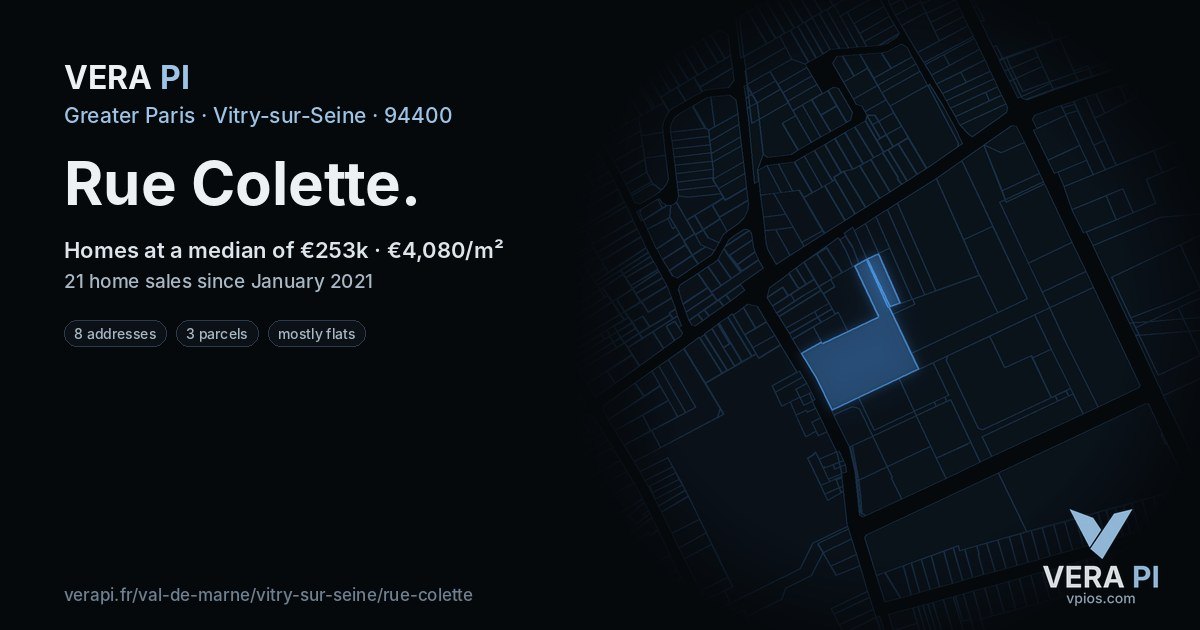 Rue Colette, Vitry-sur-Seine at night – every parcel coloured by the prices around it, the street's own parcels lit