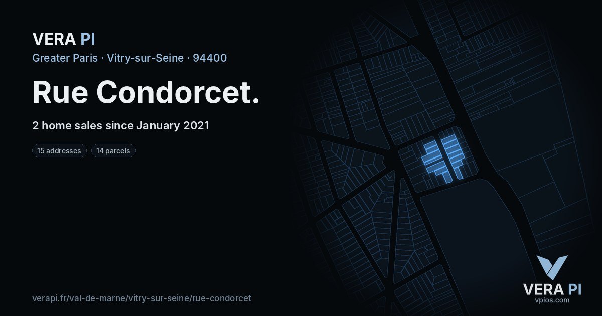 Rue Condorcet, Vitry-sur-Seine at night – every parcel coloured by the prices around it, the street's own parcels lit