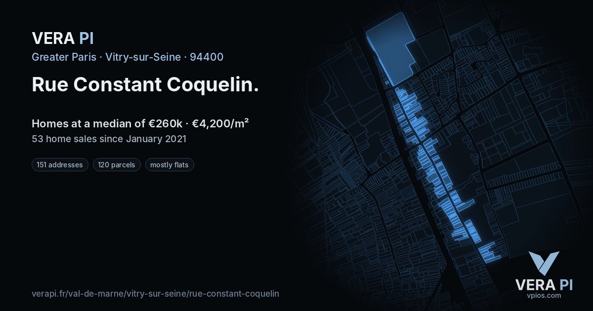 Rue Constant Coquelin, Vitry-sur-Seine at night – every parcel coloured by the prices around it, the street's own parcels lit