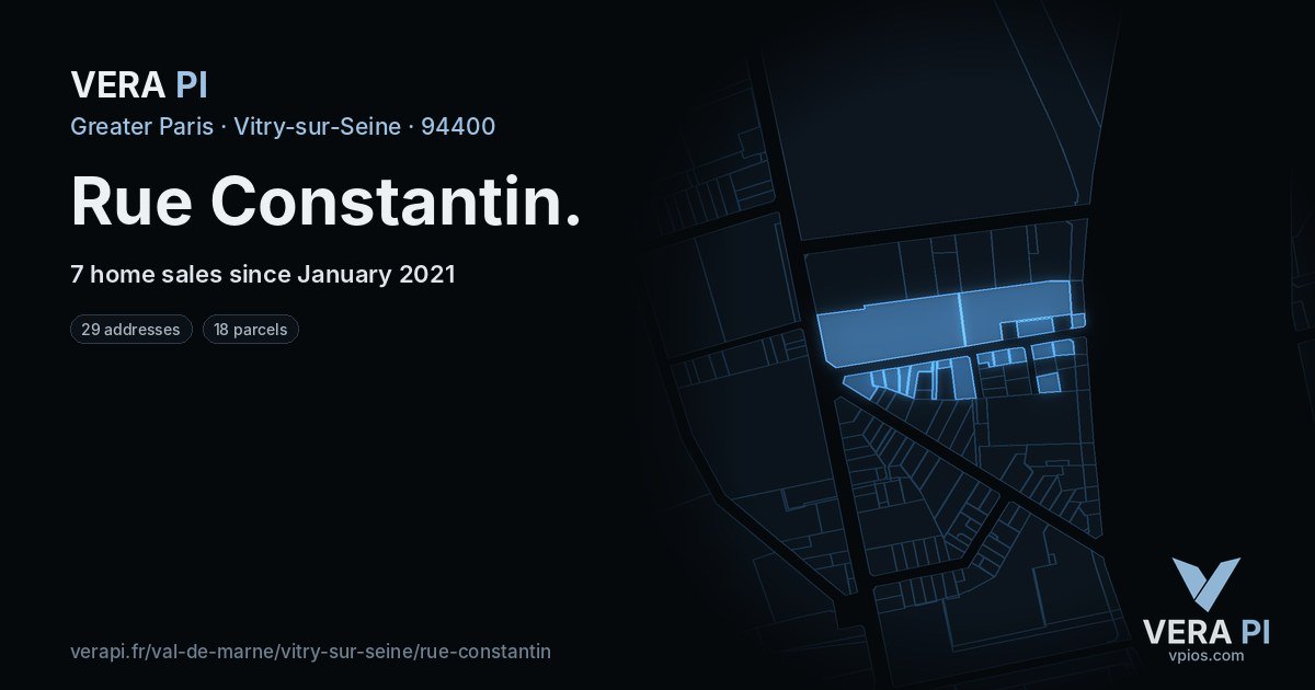 Rue Constantin, Vitry-sur-Seine at night – every parcel coloured by the prices around it, the street's own parcels lit