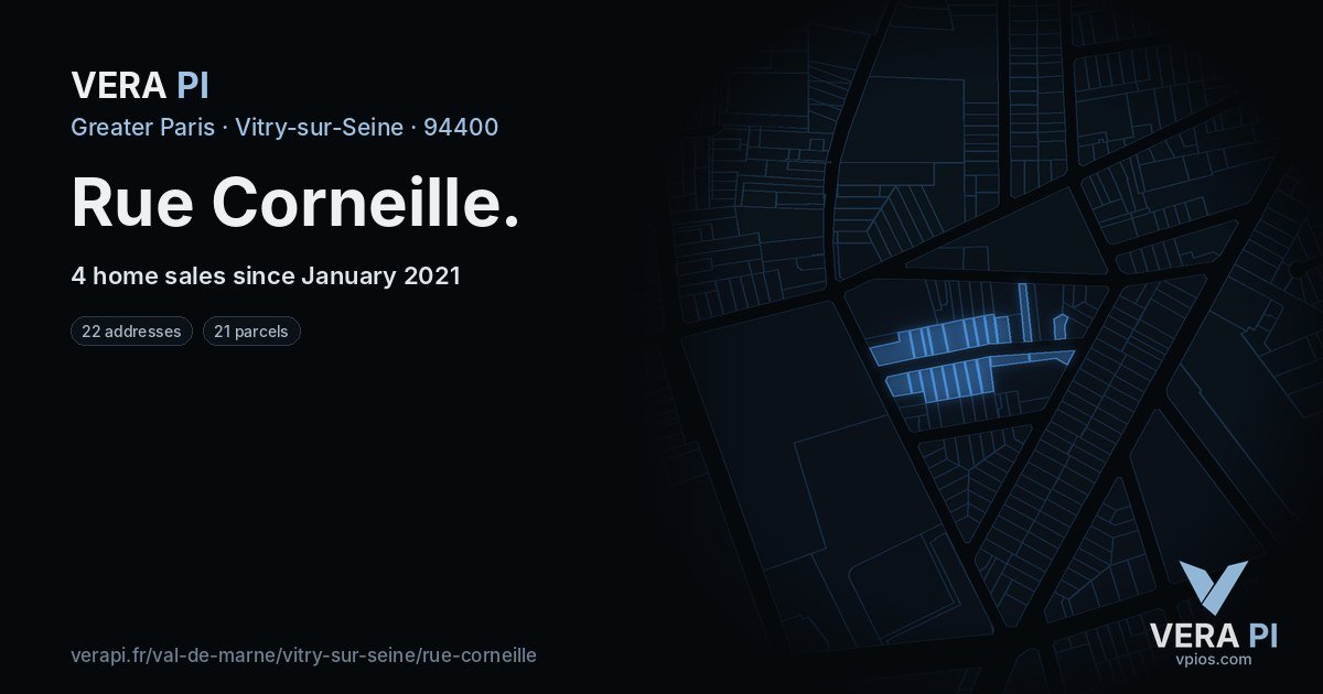 Rue Corneille, Vitry-sur-Seine at night – every parcel coloured by the prices around it, the street's own parcels lit