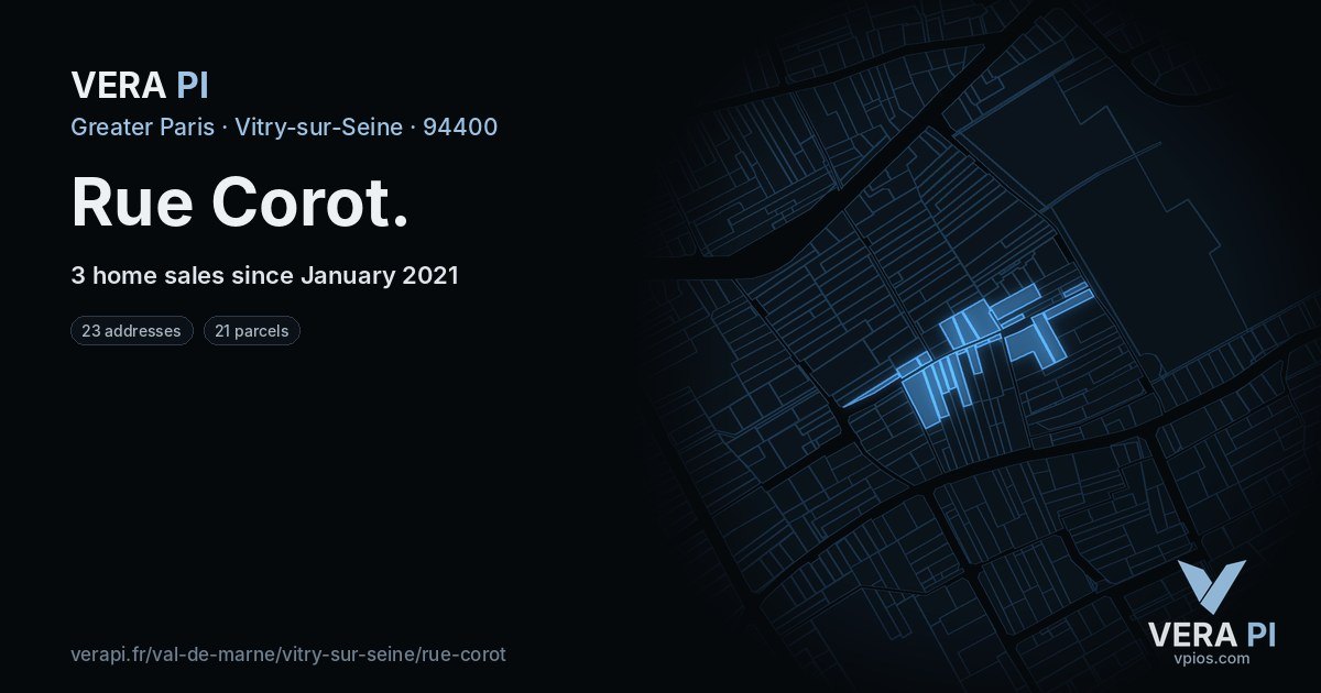 Rue Corot, Vitry-sur-Seine at night – every parcel coloured by the prices around it, the street's own parcels lit