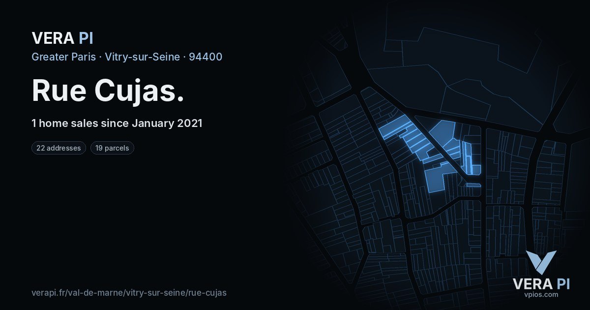Rue Cujas, Vitry-sur-Seine at night – every parcel coloured by the prices around it, the street's own parcels lit