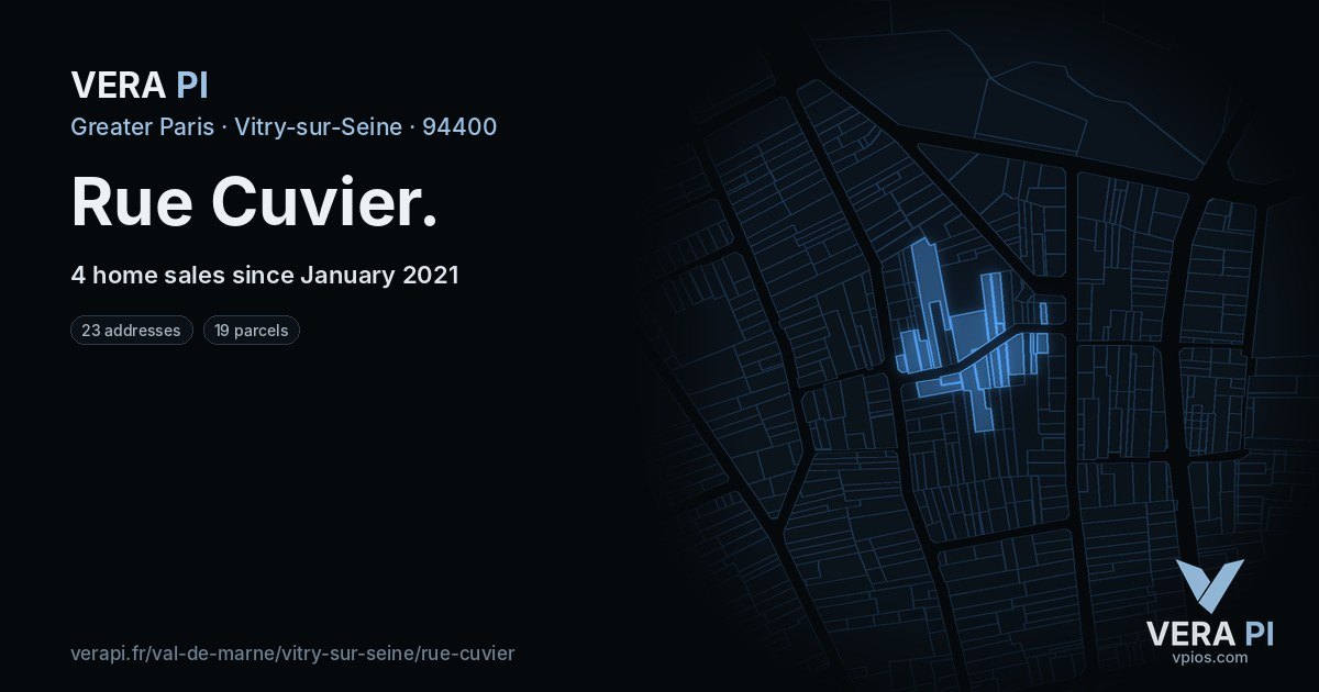 Rue Cuvier, Vitry-sur-Seine at night – every parcel coloured by the prices around it, the street's own parcels lit