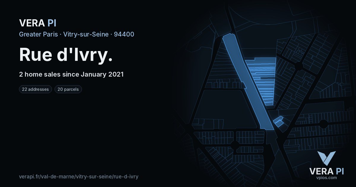 Rue d'Ivry, Vitry-sur-Seine at night – every parcel coloured by the prices around it, the street's own parcels lit