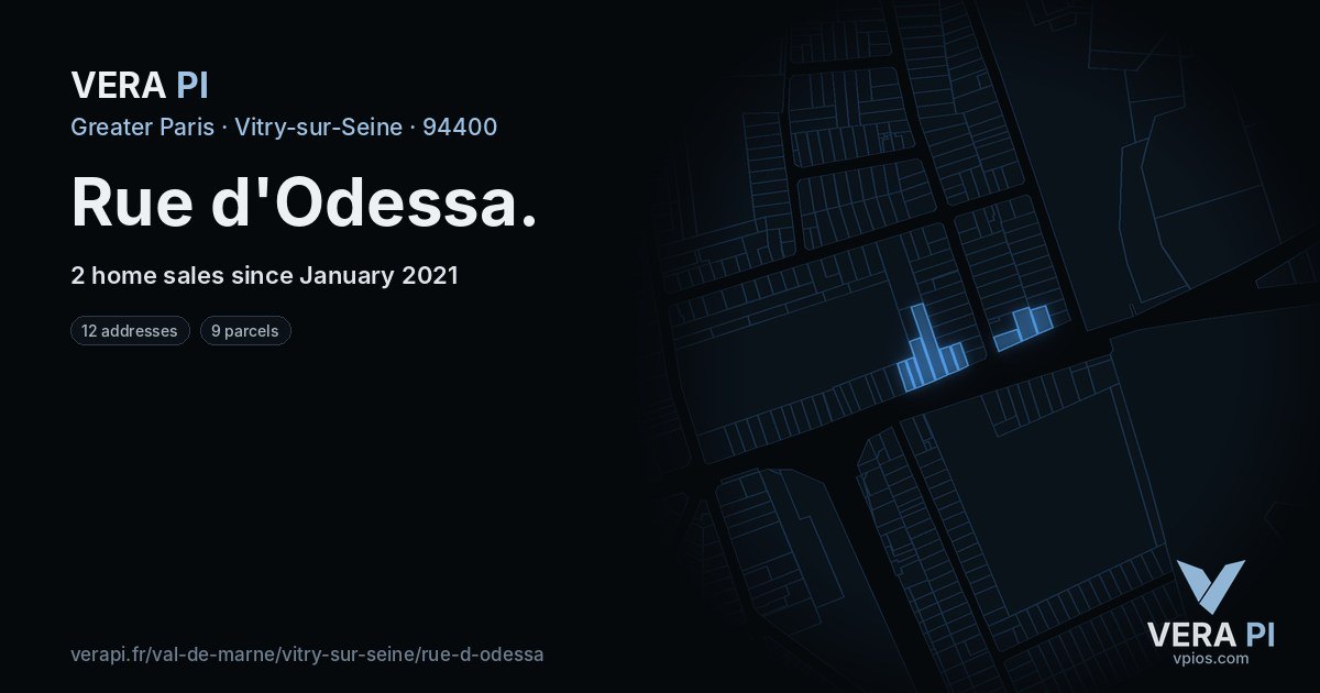 Rue d'Odessa, Vitry-sur-Seine at night – every parcel coloured by the prices around it, the street's own parcels lit