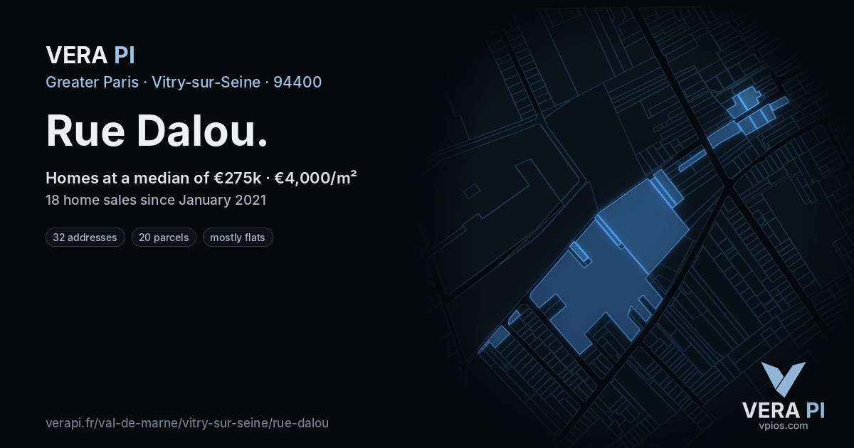 Rue Dalou, Vitry-sur-Seine at night – every parcel coloured by the prices around it, the street's own parcels lit