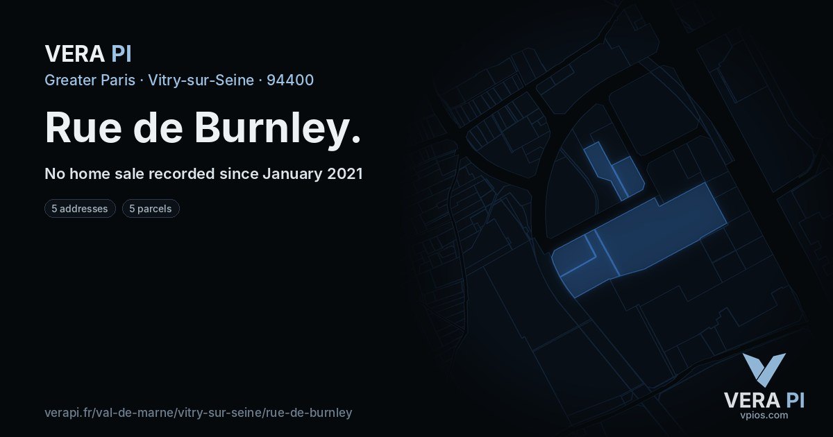 Rue de Burnley, Vitry-sur-Seine at night – every parcel coloured by the prices around it, the street's own parcels lit