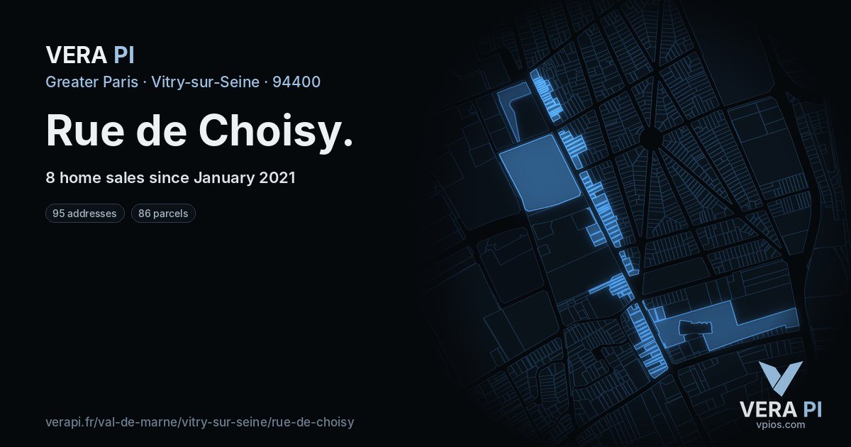 Rue de Choisy, Vitry-sur-Seine at night – every parcel coloured by the prices around it, the street's own parcels lit