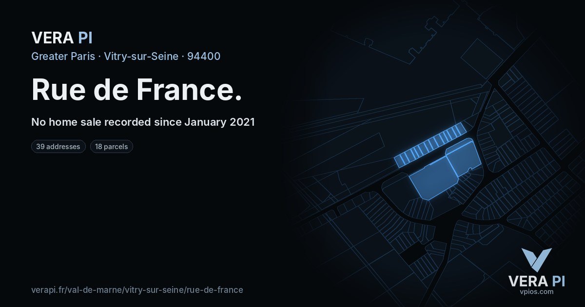Rue de France, Vitry-sur-Seine at night – every parcel coloured by the prices around it, the street's own parcels lit