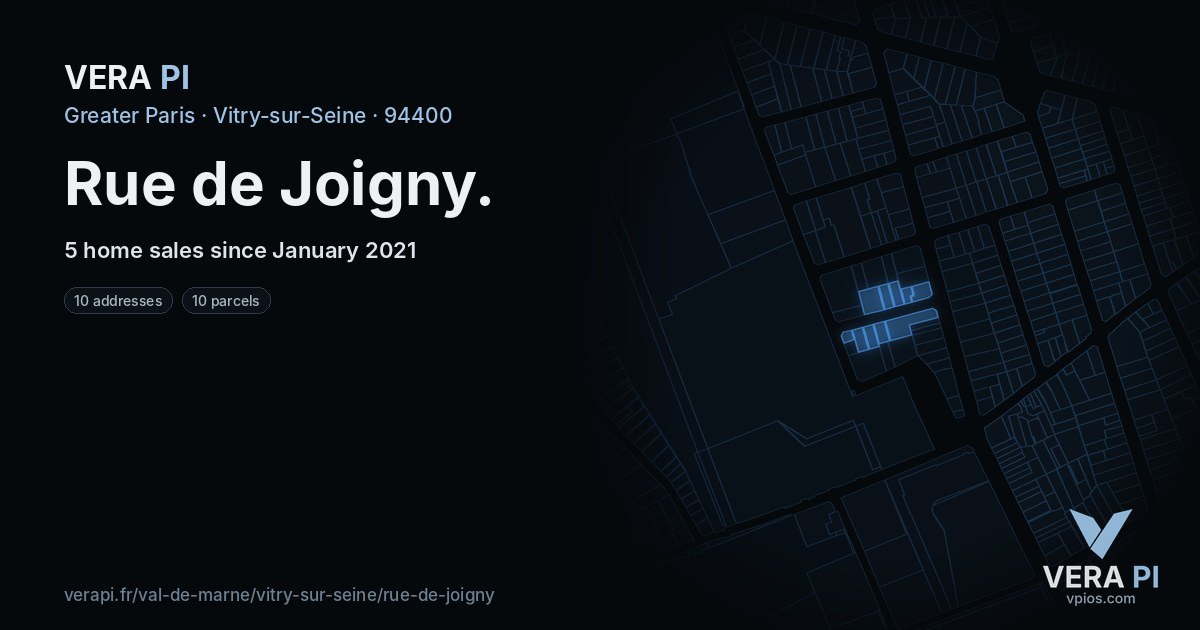 Rue de Joigny, Vitry-sur-Seine at night – every parcel coloured by the prices around it, the street's own parcels lit