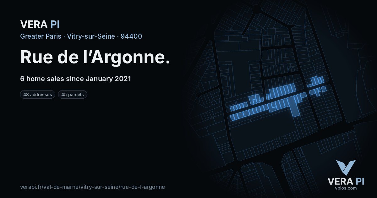 Rue de l’Argonne, Vitry-sur-Seine at night – every parcel coloured by the prices around it, the street's own parcels lit