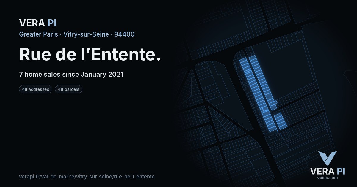 Rue de l’Entente, Vitry-sur-Seine at night – every parcel coloured by the prices around it, the street's own parcels lit