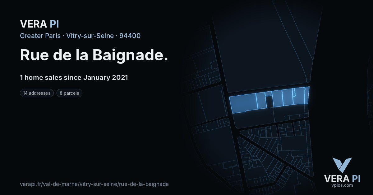 Rue de la Baignade, Vitry-sur-Seine at night – every parcel coloured by the prices around it, the street's own parcels lit