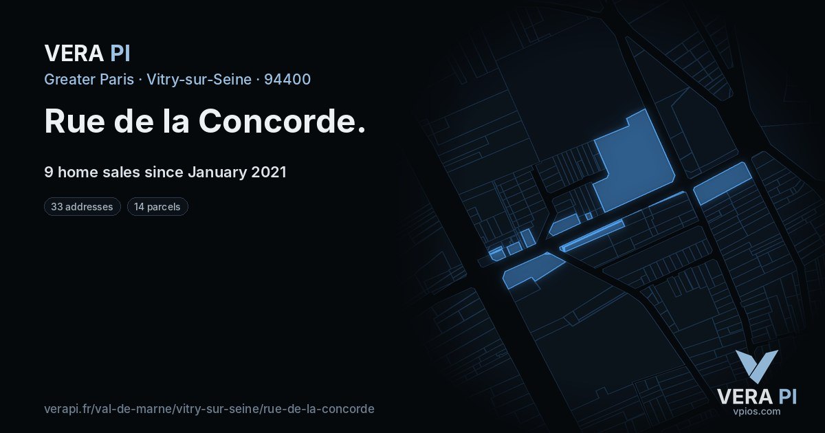 Rue de la Concorde, Vitry-sur-Seine at night – every parcel coloured by the prices around it, the street's own parcels lit