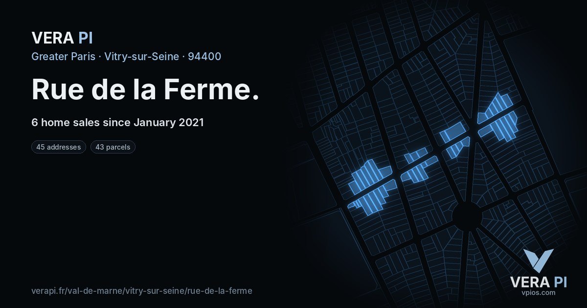 Rue de la Ferme, Vitry-sur-Seine at night – every parcel coloured by the prices around it, the street's own parcels lit