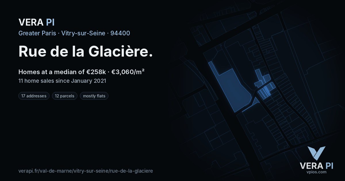 Rue de la Glacière, Vitry-sur-Seine at night – every parcel coloured by the prices around it, the street's own parcels lit