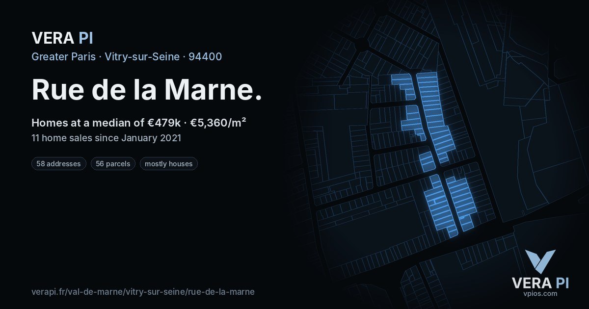 Rue de la Marne, Vitry-sur-Seine at night – every parcel coloured by the prices around it, the street's own parcels lit