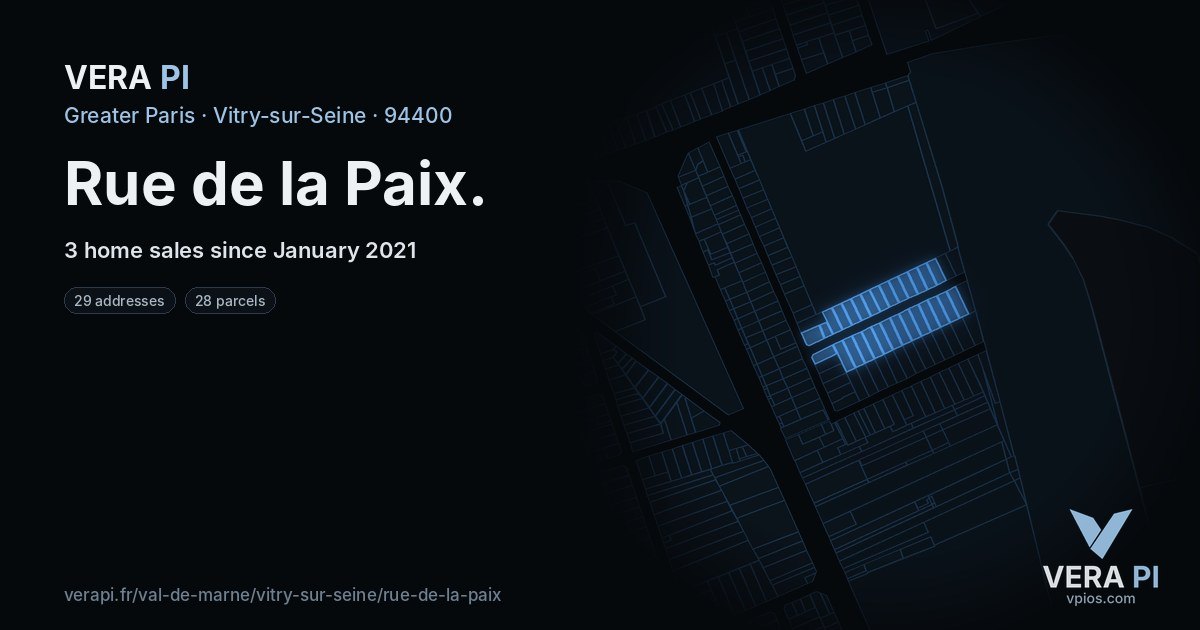Rue de la Paix, Vitry-sur-Seine at night – every parcel coloured by the prices around it, the street's own parcels lit
