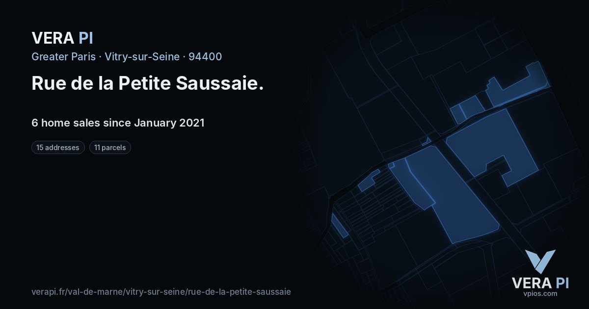 Rue de la Petite Saussaie, Vitry-sur-Seine at night – every parcel coloured by the prices around it, the street's own parcels lit