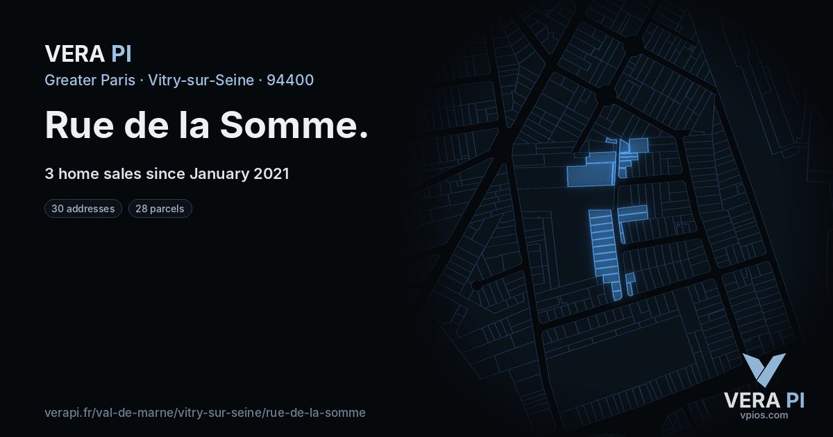 Rue de la Somme, Vitry-sur-Seine at night – every parcel coloured by the prices around it, the street's own parcels lit