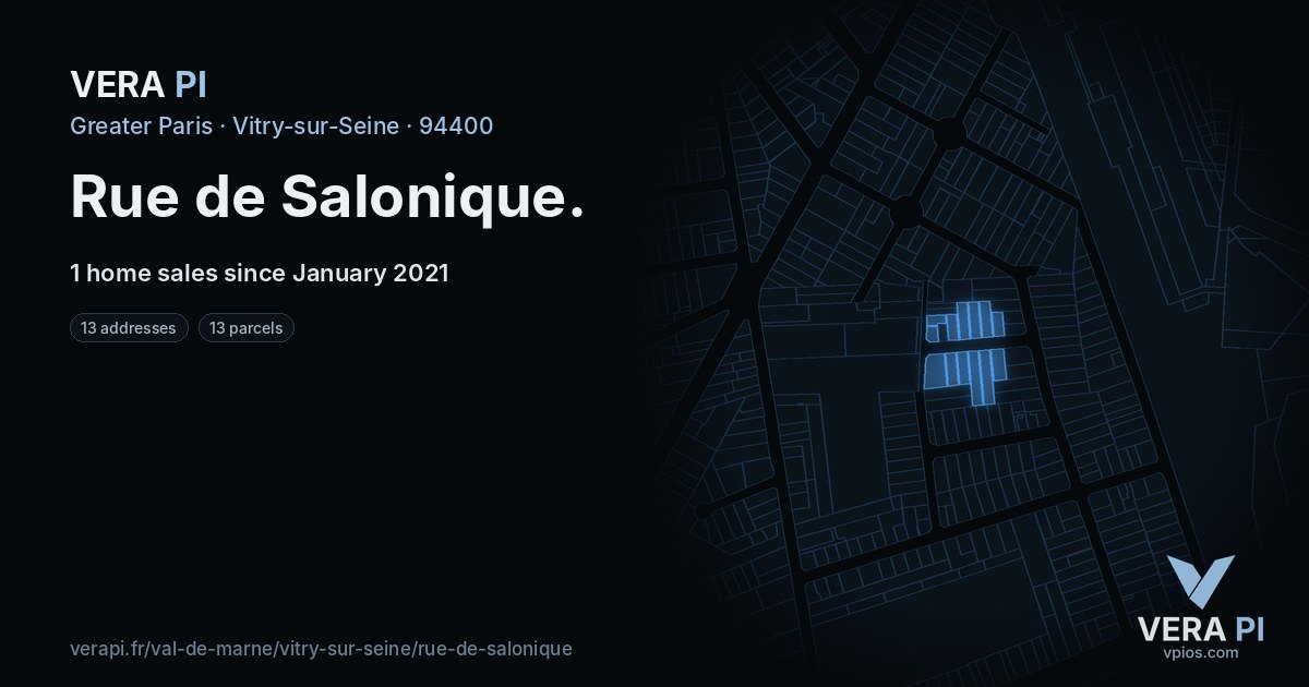 Rue de Salonique, Vitry-sur-Seine at night – every parcel coloured by the prices around it, the street's own parcels lit