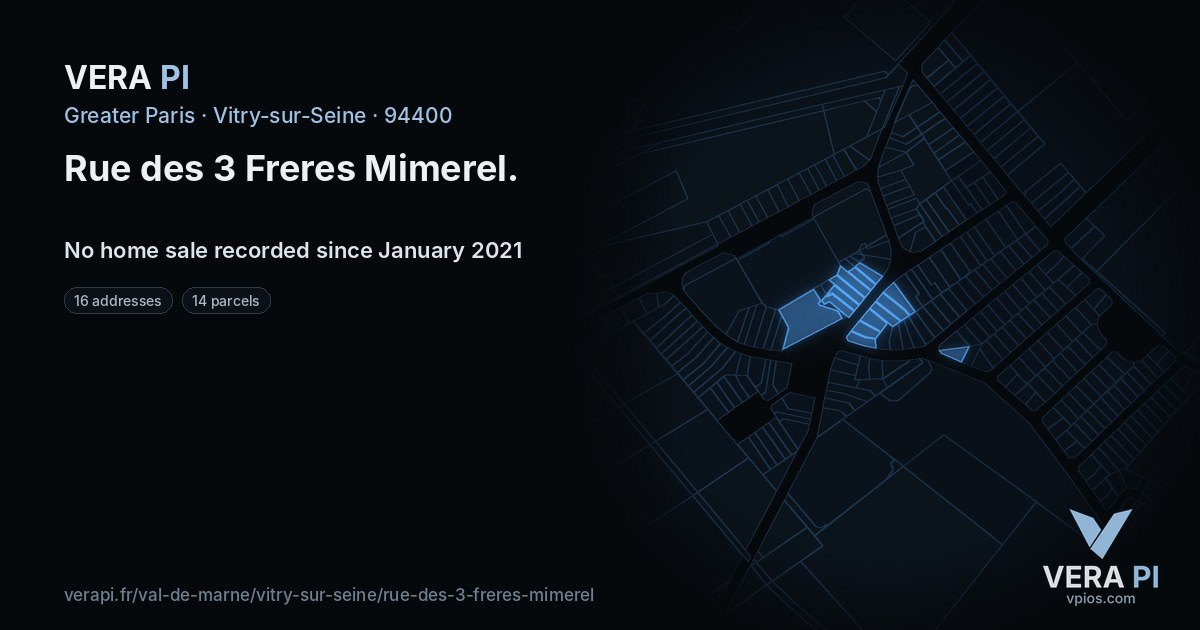 Rue des 3 Freres Mimerel, Vitry-sur-Seine at night – every parcel coloured by the prices around it, the street's own parcels lit