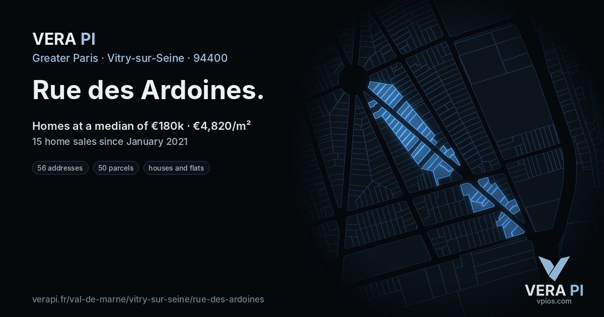 Rue des Ardoines, Vitry-sur-Seine at night – every parcel coloured by the prices around it, the street's own parcels lit
