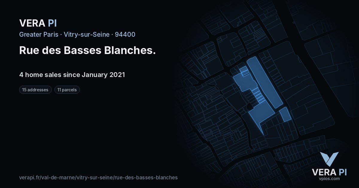 Rue des Basses Blanches, Vitry-sur-Seine at night – every parcel coloured by the prices around it, the street's own parcels lit