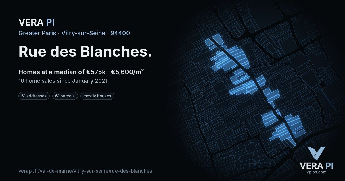 Rue des Blanches, Vitry-sur-Seine at night – every parcel coloured by the prices around it, the street's own parcels lit