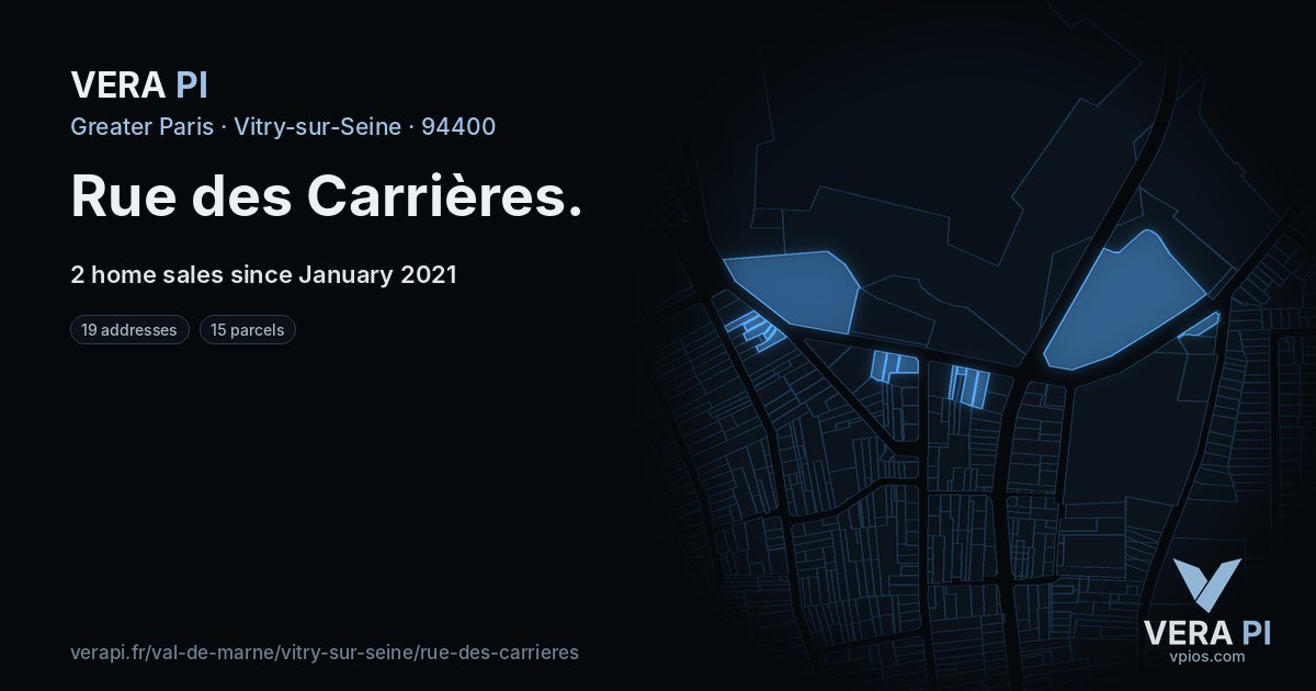 Rue des Carrières, Vitry-sur-Seine at night – every parcel coloured by the prices around it, the street's own parcels lit