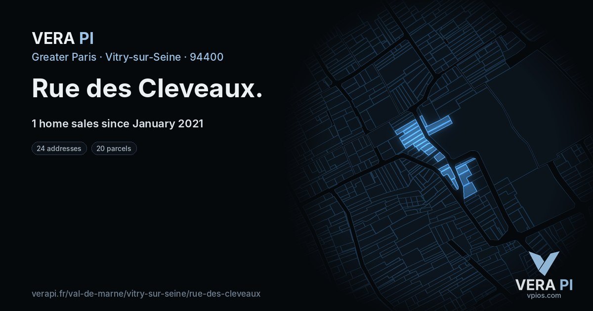 Rue des Cleveaux, Vitry-sur-Seine at night – every parcel coloured by the prices around it, the street's own parcels lit