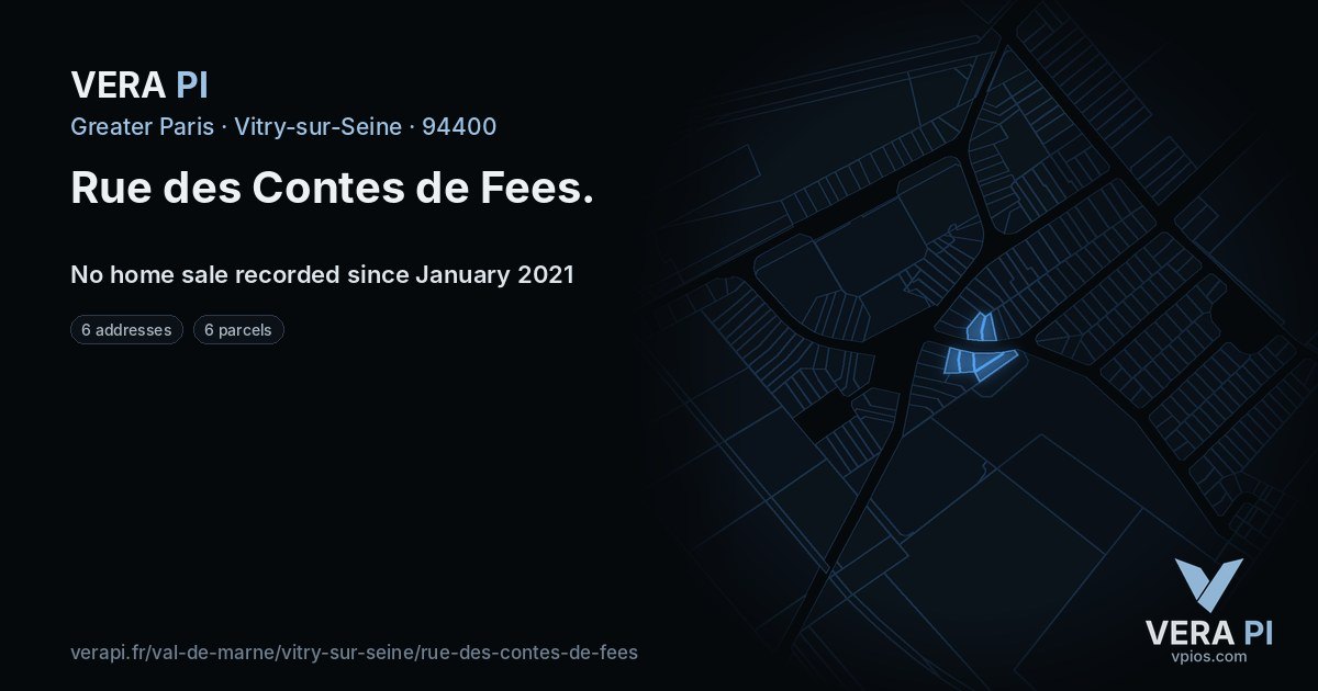 Rue des Contes de Fees, Vitry-sur-Seine at night – every parcel coloured by the prices around it, the street's own parcels lit