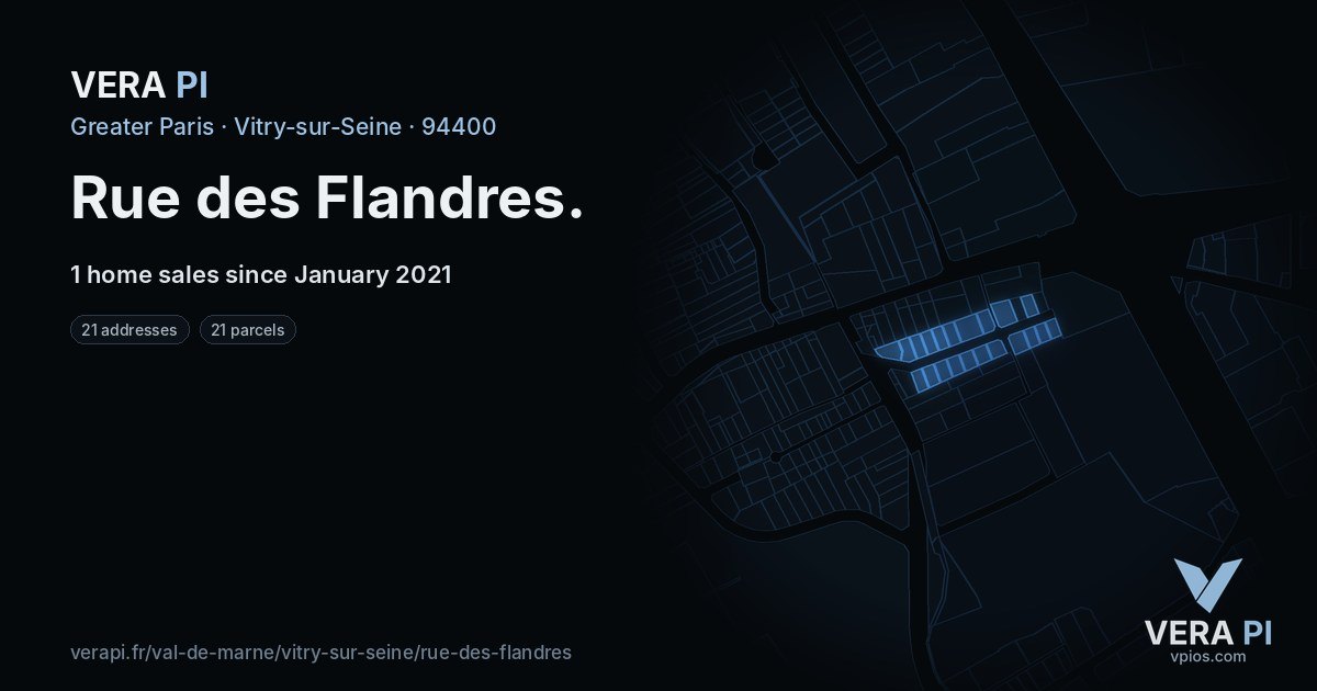 Rue des Flandres, Vitry-sur-Seine at night – every parcel coloured by the prices around it, the street's own parcels lit