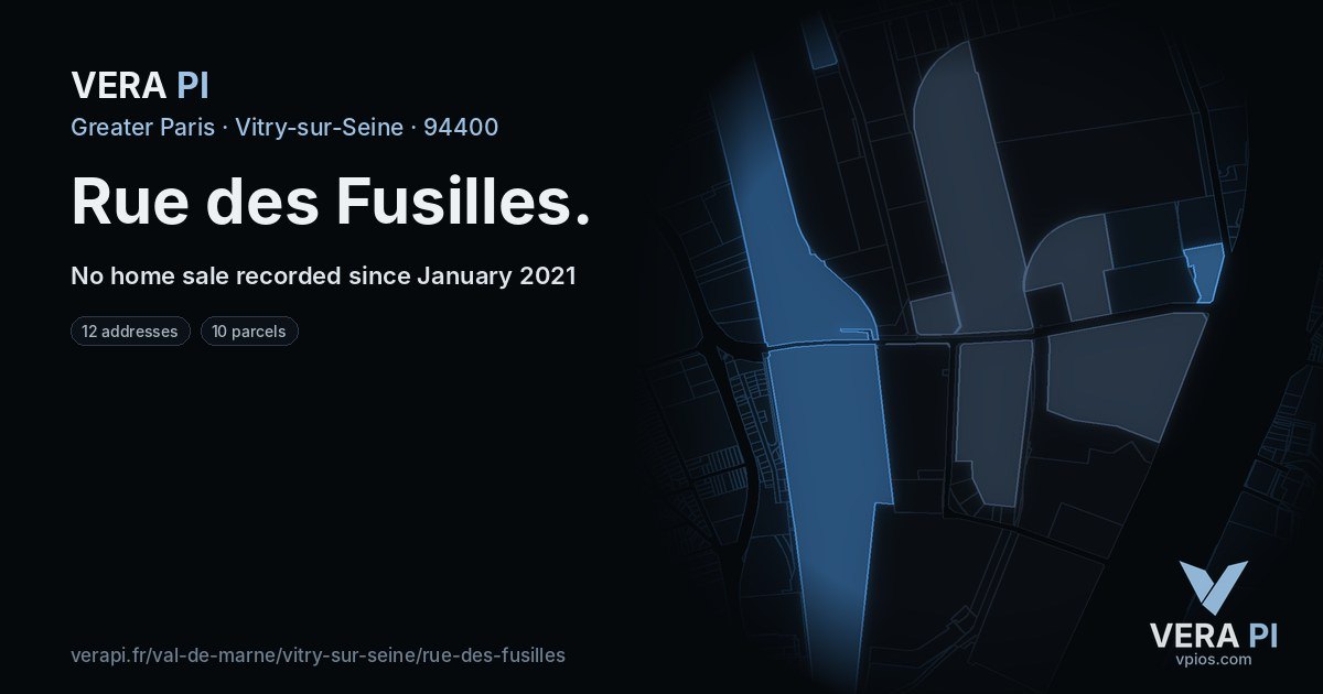 Rue des Fusilles, Vitry-sur-Seine at night – every parcel coloured by the prices around it, the street's own parcels lit