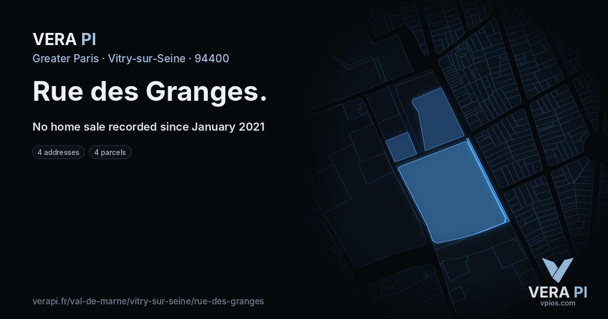 Rue des Granges, Vitry-sur-Seine at night – every parcel coloured by the prices around it, the street's own parcels lit