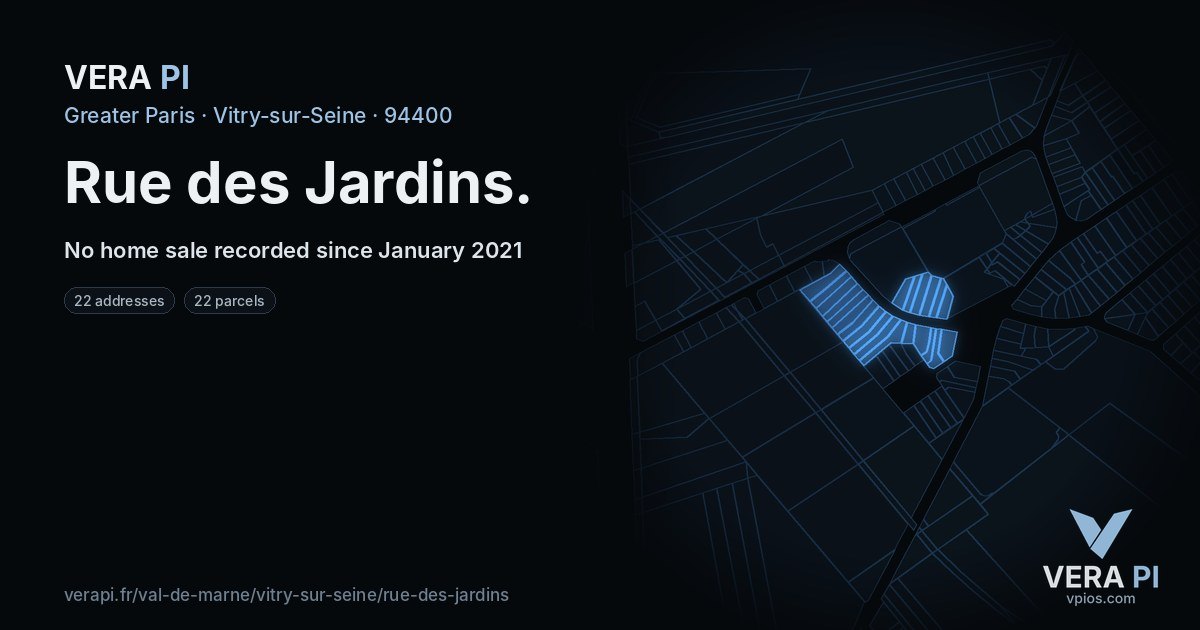 Rue des Jardins, Vitry-sur-Seine at night – every parcel coloured by the prices around it, the street's own parcels lit
