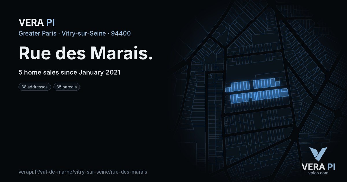 Rue des Marais, Vitry-sur-Seine at night – every parcel coloured by the prices around it, the street's own parcels lit