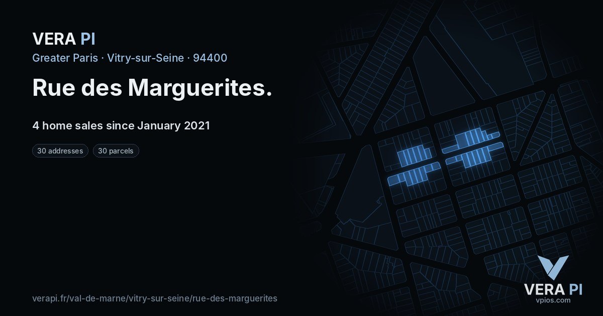 Rue des Marguerites, Vitry-sur-Seine at night – every parcel coloured by the prices around it, the street's own parcels lit