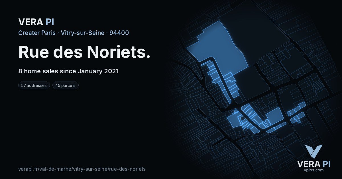 Rue des Noriets, Vitry-sur-Seine at night – every parcel coloured by the prices around it, the street's own parcels lit