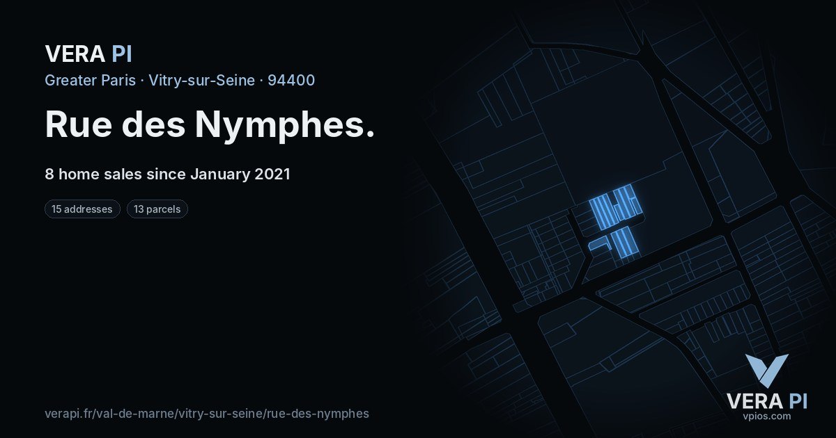 Rue des Nymphes, Vitry-sur-Seine at night – every parcel coloured by the prices around it, the street's own parcels lit
