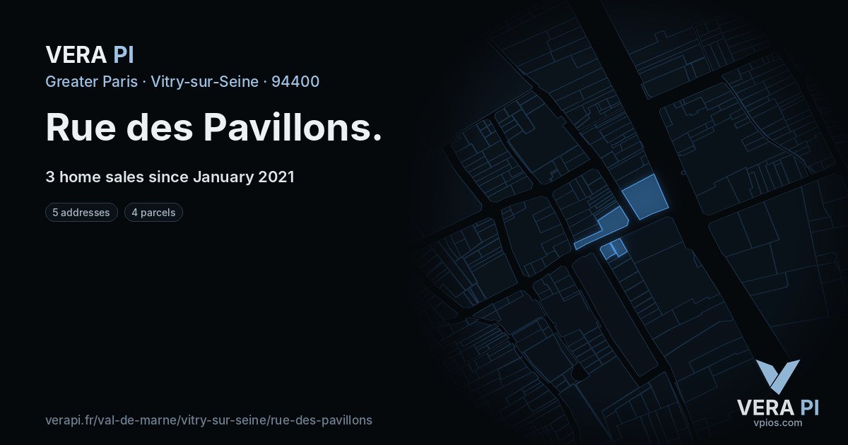 Rue des Pavillons, Vitry-sur-Seine at night – every parcel coloured by the prices around it, the street's own parcels lit