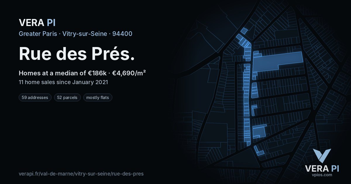 Rue des Prés, Vitry-sur-Seine at night – every parcel coloured by the prices around it, the street's own parcels lit