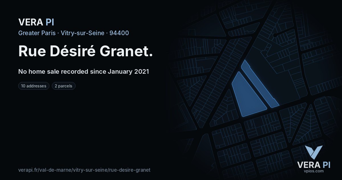Rue Désiré Granet, Vitry-sur-Seine at night – every parcel coloured by the prices around it, the street's own parcels lit