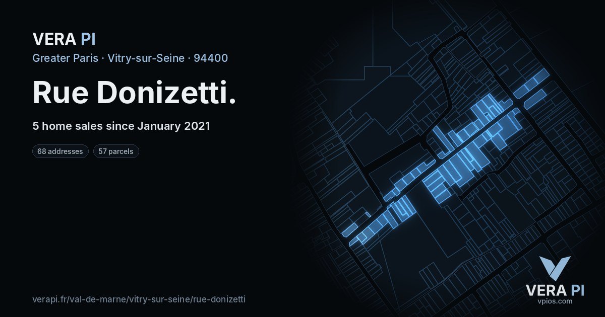 Rue Donizetti, Vitry-sur-Seine at night – every parcel coloured by the prices around it, the street's own parcels lit